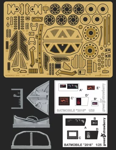 Photoetch detail set and resin parts for Moebius Batmobile model kit from Batman vs Superman movie in 1/25 scale.